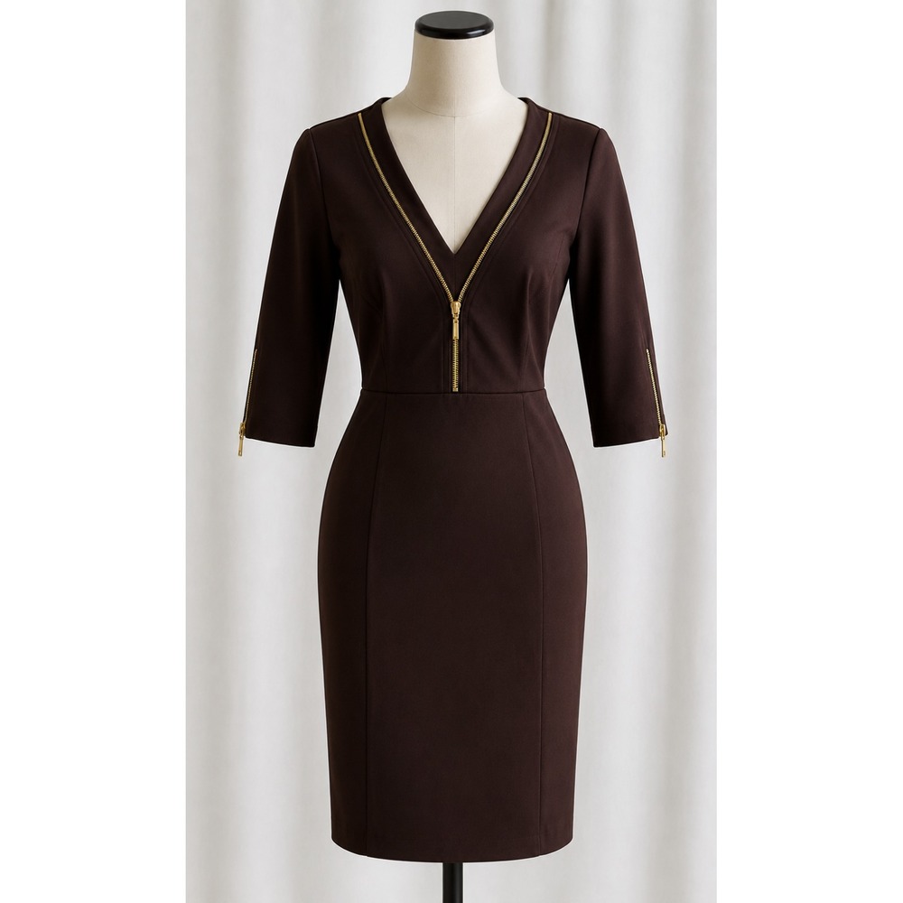 MORGAN MCFEETERS Brown V Neck  3/4 Sleeves Sheath Dress Gold Zipper Accents Sz 4